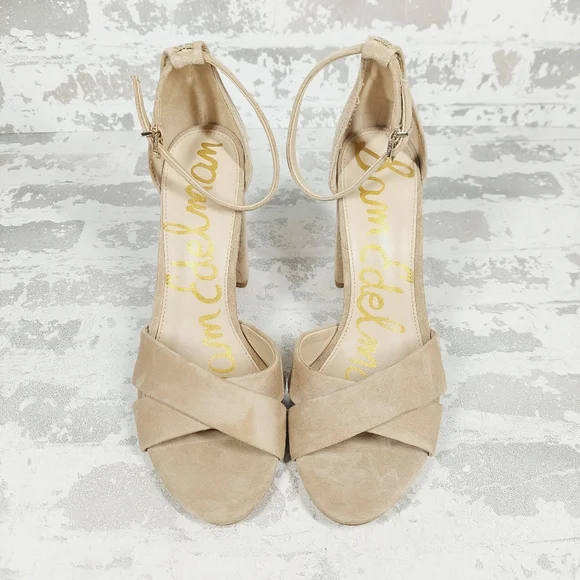 New Sam Edelman Yancy Beige Faux Suede Ankle Strap Heeled Sandals X370 - Picture 10 of 12